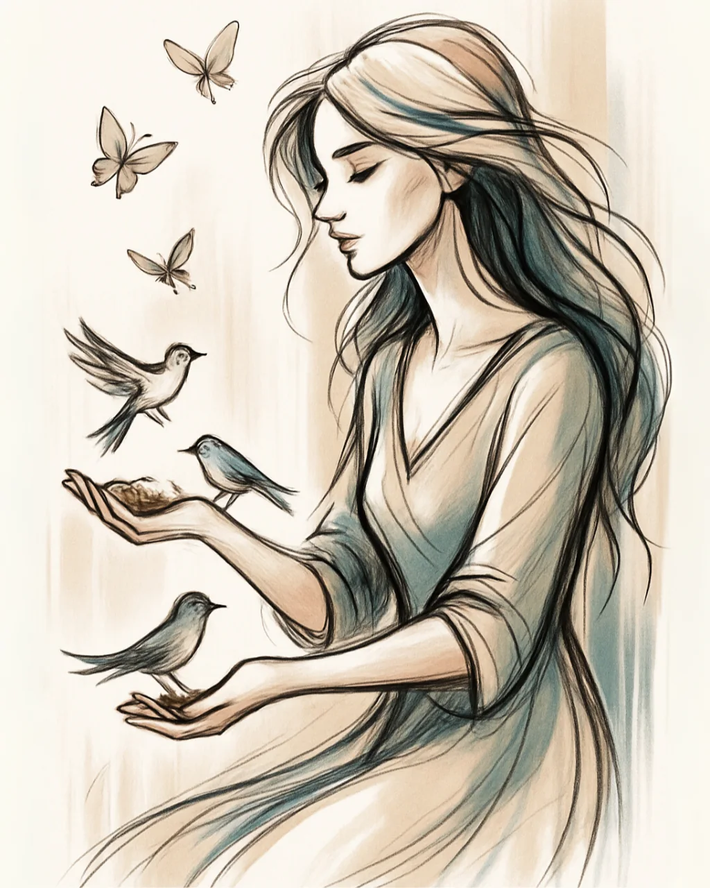 Woman with Birds and Butterflies