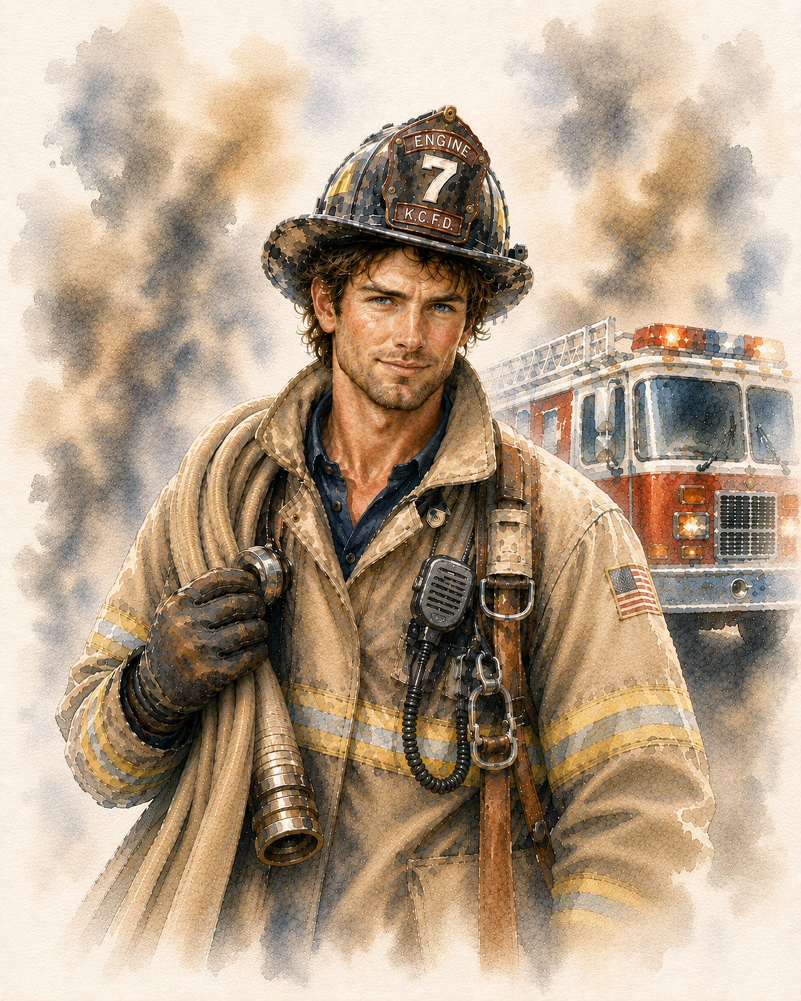 Handsome firefighter watercolor wall art